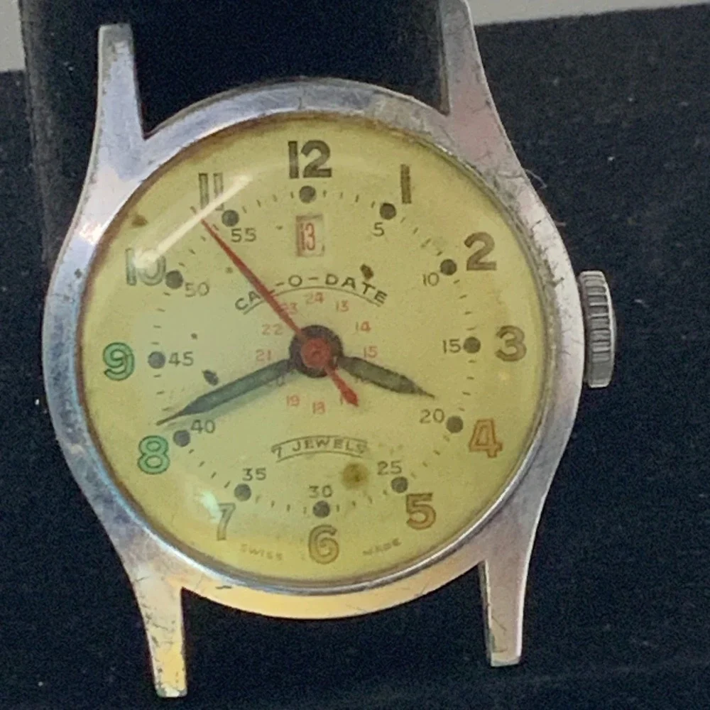 Vintage Cal-O-Date Swiss 7 Jewels Manual Wind Watch Head for Parts or Repair